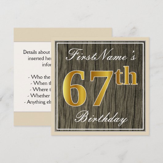 Elegant, Faux Wood, Faux Gold 67th Birthday + Naam Kaart (Voorkant / Achterkant)