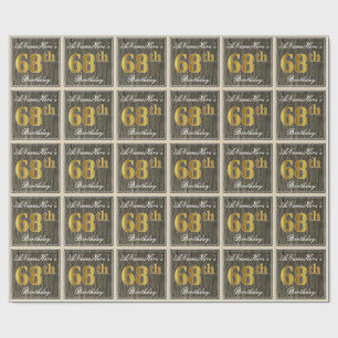 Elegant, Faux Wood, Faux Gold 68th Birthday + Naam Cadeaupapier