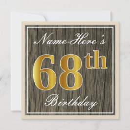 Elegant, Faux Wood, Faux Gold 68th Birthday + Naam Kaart