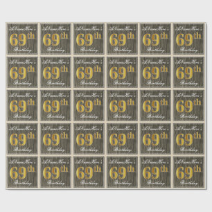 Elegant, Faux Wood, Faux Gold 69th Birthday + Naam Cadeaupapier