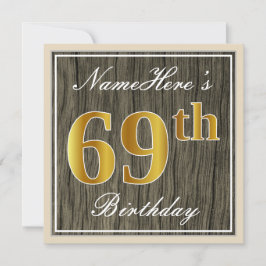 Elegant, Faux Wood, Faux Gold 69th Birthday + Naam Kaart