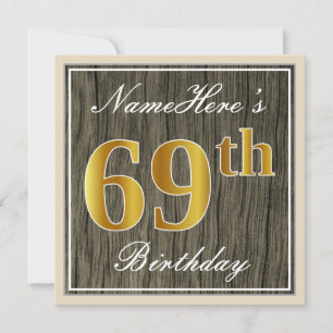 Elegant, Faux Wood, Faux Gold 69th Birthday + Naam Kaart