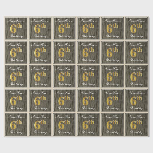 Elegant, Faux Wood, Faux Gold 6th Birthday + Naam Cadeaupapier (Vlak)
