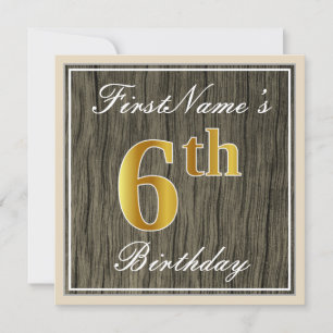 Elegant, Faux Wood, Faux Gold 6th Birthday + Naam Kaart