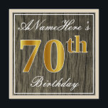 Elegant, Faux Wood, Faux Gold 70th Birthday   Naam Kaart<br><div class="desc">Dit eenvoudige en elegante uitnodigingsontwerp voor verjaardagsfeestjes heeft een gepersonaliseerde boodschap zoals "ANameHere’s 70th Birthday" (met de "70th" met een faux/imitatie goudachtige kleurlook) binnen een rustiek faux/imitatie houten uiterlijk vierkant met een eenvoudige randomtrek. De naam is in een elegante wit-gekleurde script-achtige tekst, en kan worden gepersonaliseerd. De achterkant bevat gepersonaliseerde...</div>