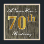Elegant, Faux Wood, Faux Gold 70th Birthday   Naam Kaart<br><div class="desc">Dit eenvoudige en elegante uitnodigingsontwerp voor verjaardagsfeestjes heeft een gepersonaliseerde boodschap zoals "ANameHere’s 70th Birthday" (met de "70th" met een faux/imitatie goudachtige kleurlook) binnen een rustiek faux/imitatie houten uiterlijk vierkant met een eenvoudige randomtrek. De naam is in een elegante wit-gekleurde script-achtige tekst, en kan worden gepersonaliseerd. De achterkant bevat gepersonaliseerde...</div>
