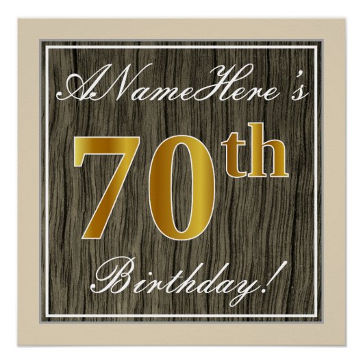 Elegant, Faux Wood, Faux Gold 70th Birthday + Naam Poster (Voorkant)