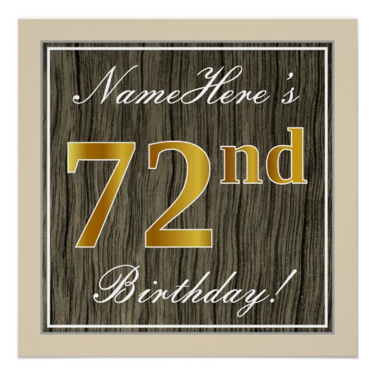 Elegant, Faux Wood, Faux Gold 72nd Birthday + Naam Poster (Voorkant)