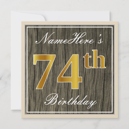 Elegant, Faux Wood, Faux Gold 74th Birthday + Naam Kaart (Voorkant)