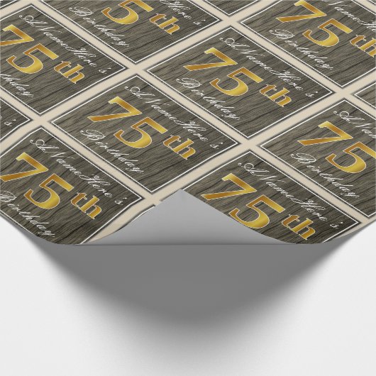 Elegant, Faux Wood, Faux Gold 75th Birthday + Naam Cadeaupapier (Hoek)
