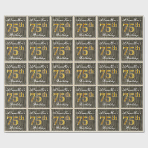 Elegant, Faux Wood, Faux Gold 75th Birthday + Naam Cadeaupapier
