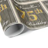 Elegant, Faux Wood, Faux Gold 75th Birthday + Naam Cadeaupapier (Rol Hoek)