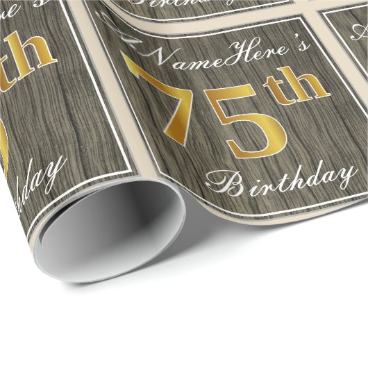 Elegant, Faux Wood, Faux Gold 75th Birthday + Naam Cadeaupapier (Rol Hoek)
