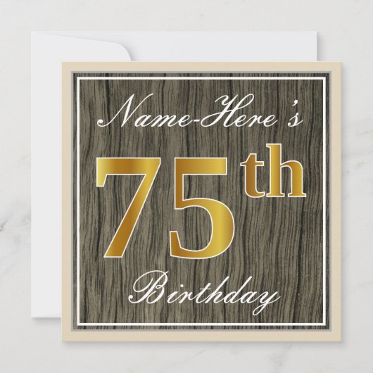 Elegant, Faux Wood, Faux Gold 75th Birthday + Naam Kaart (Voorkant)