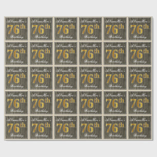Elegant, Faux Wood, Faux Gold 76th Birthday + Naam Cadeaupapier