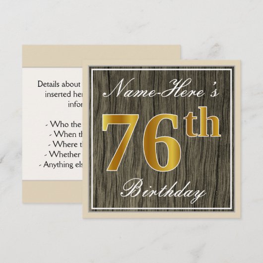 Elegant, Faux Wood, Faux Gold 76th Birthday + Naam Kaart (Voorkant / Achterkant)