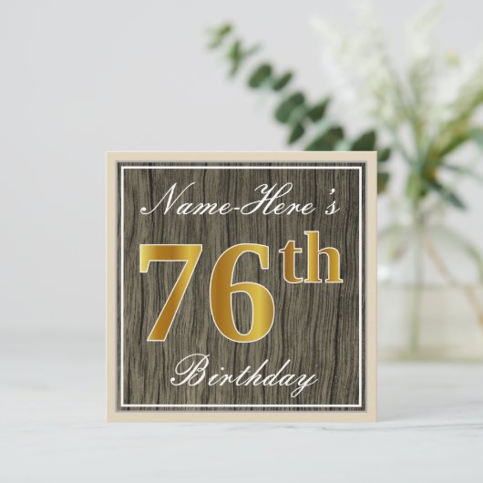 Elegant, Faux Wood, Faux Gold 76th Birthday + Naam Kaart (Staand voorkant)