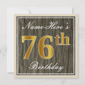 Elegant, Faux Wood, Faux Gold 76th Birthday + Naam Kaart (Voorkant)