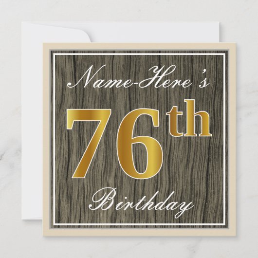 Elegant, Faux Wood, Faux Gold 76th Birthday + Naam Kaart (Voorkant)