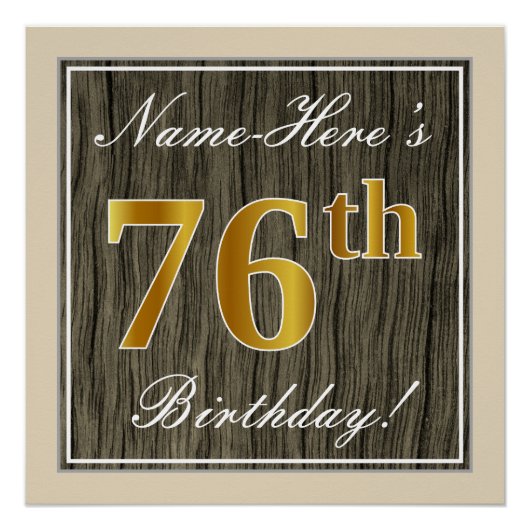 Elegant, Faux Wood, Faux Gold 76th Birthday + Naam Poster (Voorkant)