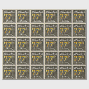 Elegant, Faux Wood, Faux Gold 77th Birthday + Naam Cadeaupapier