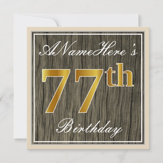 Elegant, Faux Wood, Faux Gold 77th Birthday + Naam Kaart (Voorkant)