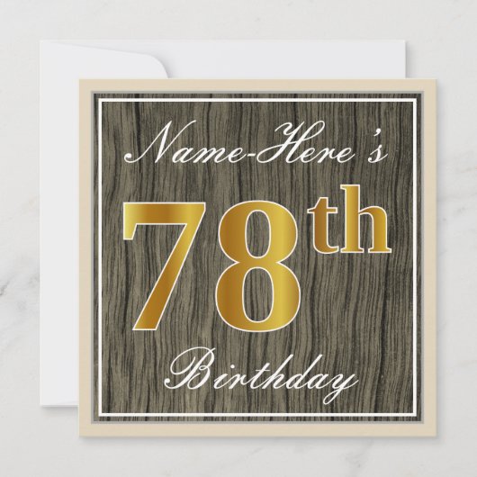 Elegant, Faux Wood, Faux Gold 78th Birthday + Naam Kaart (Voorkant)