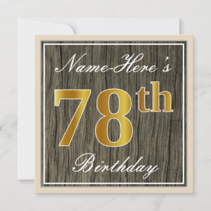 Elegant, Faux Wood, Faux Gold 78th Birthday + Naam Kaart