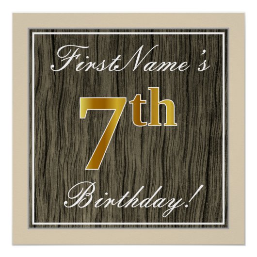 Elegant, Faux Wood, Faux Gold 7th Birthday + Naam Poster (Voorkant)