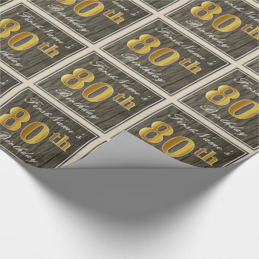 Elegant, Faux Wood, Faux Gold 80th Birthday + Naam Cadeaupapier (Hoek)