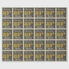 Elegant, Faux Wood, Faux Gold 80th Birthday + Naam Cadeaupapier