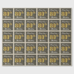 Elegant, Faux Wood, Faux Gold 80th Birthday + Naam Cadeaupapier