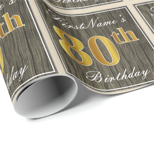 Elegant, Faux Wood, Faux Gold 80th Birthday + Naam Cadeaupapier (Rol Hoek)