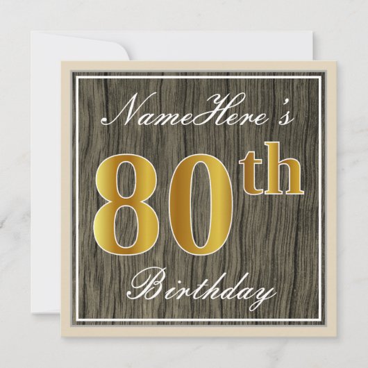 Elegant, Faux Wood, Faux Gold 80th Birthday + Naam Kaart (Voorkant)