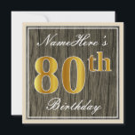 Elegant, Faux Wood, Faux Gold 80th Birthday   Naam Kaart<br><div class="desc">Dit eenvoudige en elegante uitnodigingsontwerp voor verjaardagsfeestjes bevat een gepersonaliseerde boodschap zoals "NameHere's 80th Birthday" (met de "80th" met een faux / imitatie goudachtige kleurlook) binnen een rustieke faux / imitatie houten uiterlijk vierkant gebied met een eenvoudige rand. De naam is in een elegante wit-gekleurde script-achtige tekst, en kan worden...</div>