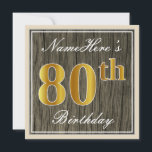 Elegant, Faux Wood, Faux Gold 80th Birthday   Naam Kaart<br><div class="desc">Dit eenvoudige en elegante uitnodigingsontwerp voor verjaardagsfeestjes bevat een gepersonaliseerde boodschap zoals "NameHere's 80th Birthday" (met de "80th" met een faux / imitatie goudachtige kleurlook) binnen een rustieke faux / imitatie houten uiterlijk vierkant gebied met een eenvoudige rand. De naam is in een elegante wit-gekleurde script-achtige tekst, en kan worden...</div>