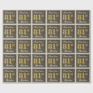 Elegant, Faux Wood, Faux Gold 81st Birthday + Naam Cadeaupapier