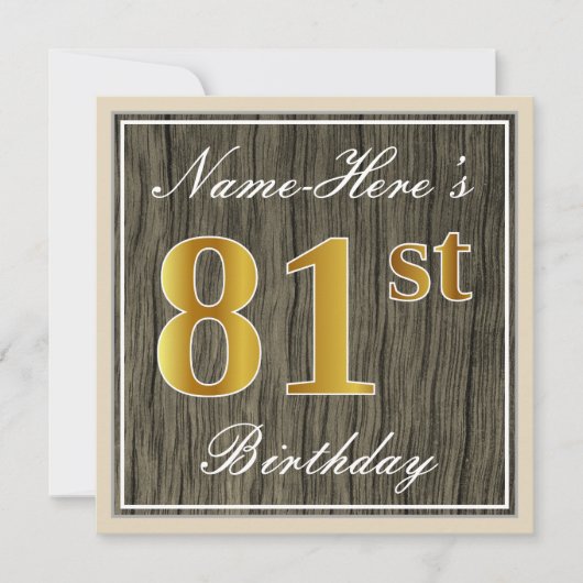 Elegant, Faux Wood, Faux Gold 81st Birthday + Naam Kaart (Voorkant)