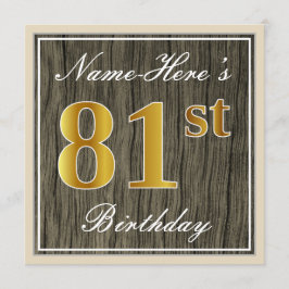 Elegant, Faux Wood, Faux Gold 81st Birthday + Naam Kaart