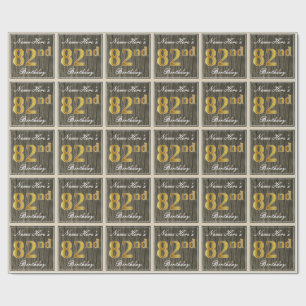 Elegant, Faux Wood, Faux Gold 82nd Birthday + Naam Cadeaupapier