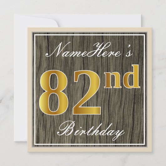 Elegant, Faux Wood, Faux Gold 82nd Birthday + Naam Kaart (Voorkant)