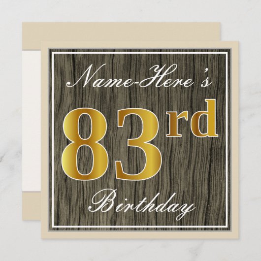 Elegant, Faux Wood, Faux Gold 83rd Birthday + Naam Kaart (Voorkant / Achterkant)