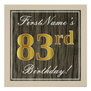 Elegant, Faux Wood, Faux Gold 83rd Birthday + Naam Poster