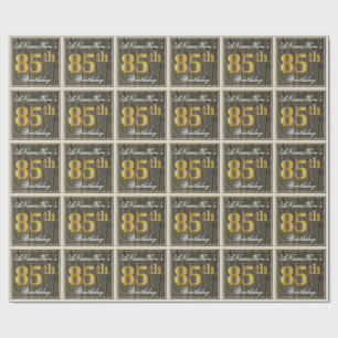 Elegant, Faux Wood, Faux Gold 85th Birthday + Naam Cadeaupapier