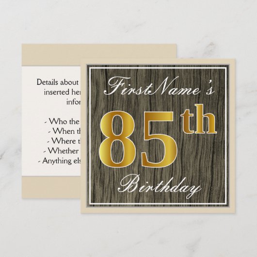 Elegant, Faux Wood, Faux Gold 85th Birthday + Naam Kaart (Voorkant / Achterkant)