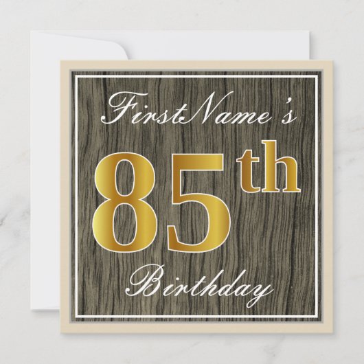 Elegant, Faux Wood, Faux Gold 85th Birthday + Naam Kaart (Voorkant)