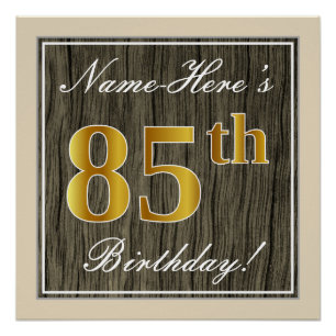 Elegant, Faux Wood, Faux Gold 85th Birthday + Naam Poster