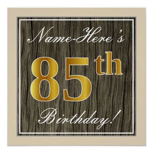 Elegant, Faux Wood, Faux Gold 85th Birthday + Naam Poster (Voorkant)