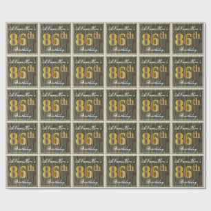 Elegant, Faux Wood, Faux Gold 86th Birthday + Naam Cadeaupapier