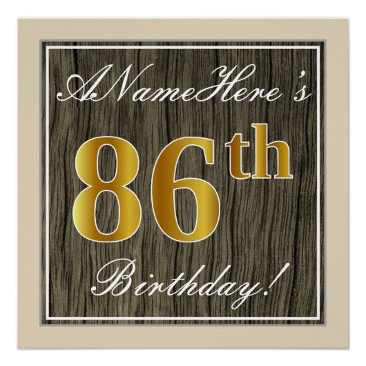 Elegant, Faux Wood, Faux Gold 86th Birthday + Naam Perfect Poster (Voorkant)